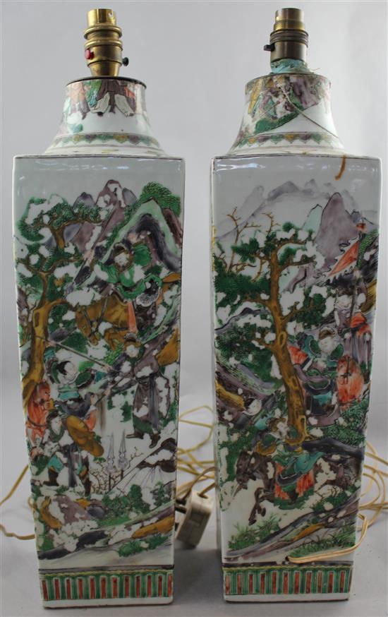 A pair of large Chinese famille verte square tapering vases, late 19th century, excl. fitted, later converted to lamps(-)